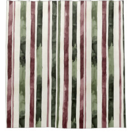 Burgundy Red Green Cream Stripes Christmas シャワーカーテン