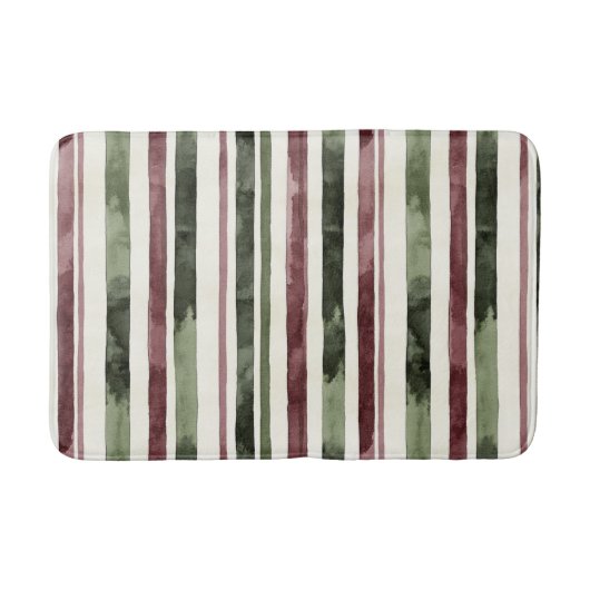 Burgundy Red Green Cream Stripes Christmas バスマット (正面)