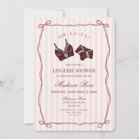 Burgundy Red Lingerie Shower Bridal Lace 招待状 (正面)