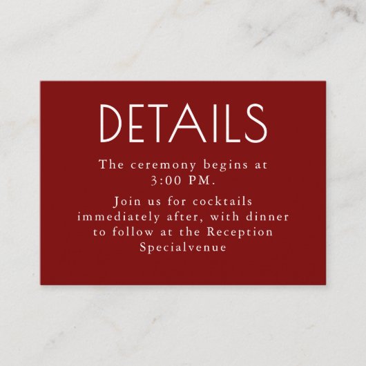 Burgundy Red Modern Minimalist Wedding Details エンクロージャーカード (正面)