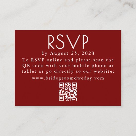 Burgundy Red Modern Minimalist Wedding QR RSVP エンクロージャーカード (正面)