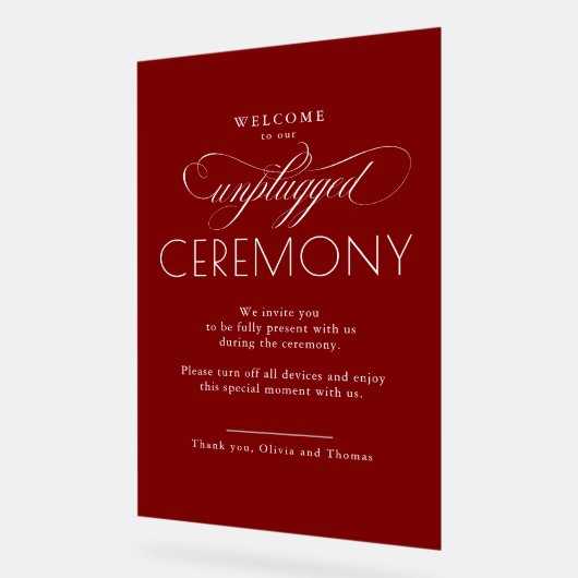 Burgundy Red Modern Script Unplugged Ceremony  アクリルサイン (傾斜)