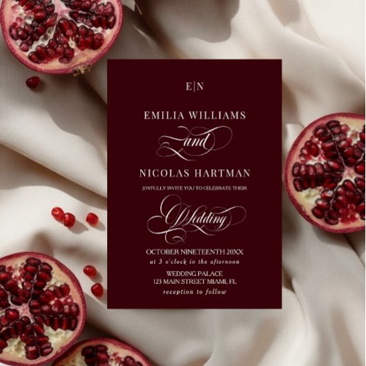 Burgundy Red Monogram Romantic Wedding 招待状