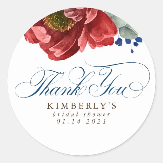 Burgundy Red Navy Floral Bridal Shower Thank You ラウンドシール (正面)