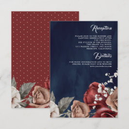 Burgundy Red Rose Floral Navy Blue Wedding Details エンクロージャーカード