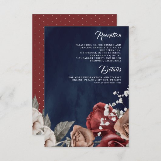 Burgundy Red Rose Floral Navy Blue Wedding Details エンクロージャーカード (正面/裏面)