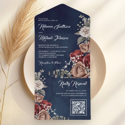 Burgundy Red Rose Floral QR Code Navy Blue Wedding オールインワン招待状
