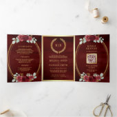 Burgundy Red RosesオールインワンQRコード結婚ズ 三つ折り招待状 (内部)
