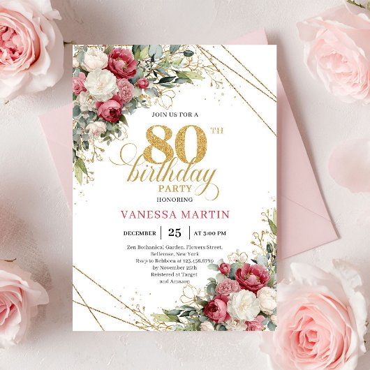 Burgundy red roses 80th birthday invite greenery 招待状