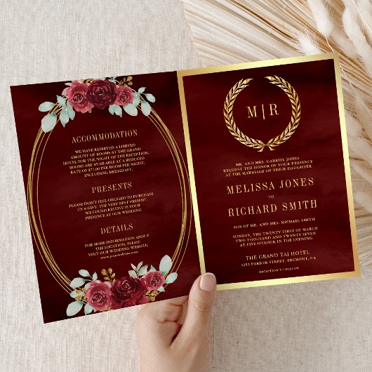 Burgundy Red Roses All in One QR Code Wedding 招待状