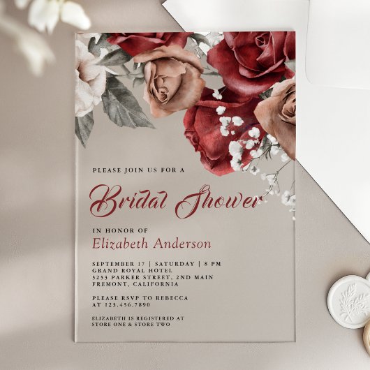 Burgundy Red Roses Floral Bridal Shower アクリル招待状