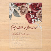 Burgundy Red Roses Floral Bridal Shower アクリル招待状 (正面)