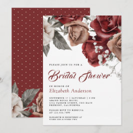Burgundy Red Roses Floral Bridal Shower 招待状