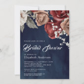 Burgundy Red Roses Floral Navy Blue Bridal Shower 招待状 (正面)