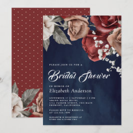 Burgundy Red Roses Floral Navy Blue Bridal Shower 招待状
