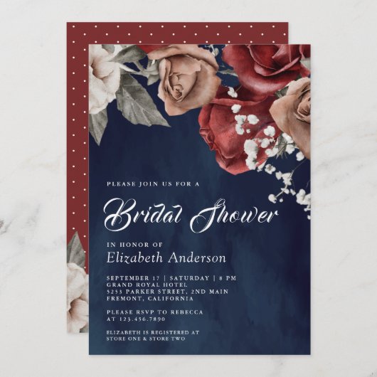 Burgundy Red Roses Floral Navy Blue Bridal Shower 招待状 (正面/裏面)