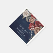 Burgundy Red Roses Floral Navy Blue Wedding スタンダードカクテルナプキン (角)