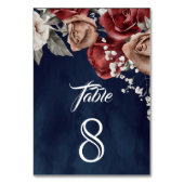 Burgundy Red Roses Floral Navy Blue Wedding テーブルナンバー (裏面)