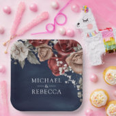 Burgundy Red Roses Floral Navy Blue Wedding ペーパープレート (パーティー)