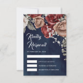 Burgundy Red Roses Floral Navy Blue Wedding 出欠カード (正面)