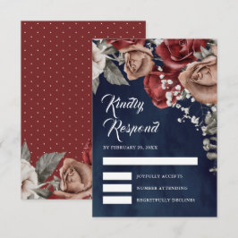 Burgundy Red Roses Floral Navy Blue Wedding 出欠カード