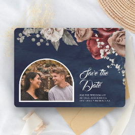 Burgundy Red Roses Floral Navy Blue Wedding Photo セーブザデート