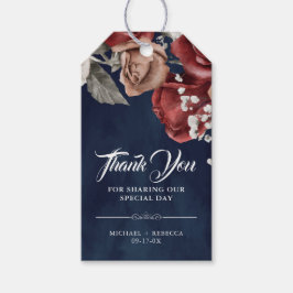 Burgundy Red Roses Floral Navy Wedding Thank You ギフトタグ