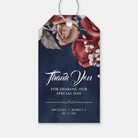 Burgundy Red Roses Floral Navy Wedding Thank You ギフトタグ (正面)