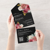 Burgundy Red Roses Floral QR Code Black Wedding オールインワン招待状 (貼ってはがせる)