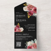 Burgundy Red Roses Floral QR Code Black Wedding オールインワン招待状 (内側)