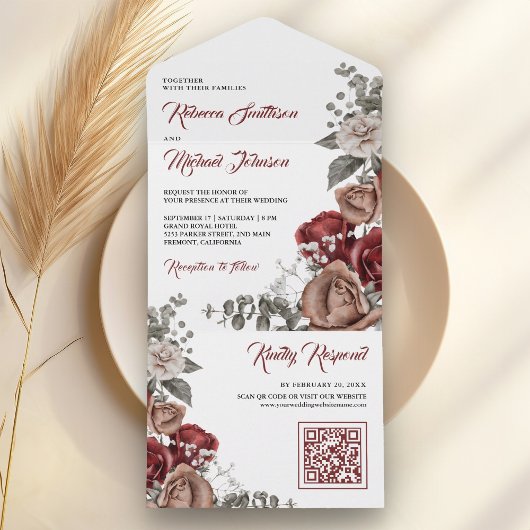 Burgundy Red Roses Floral QR Code Wedding オールインワン招待状
