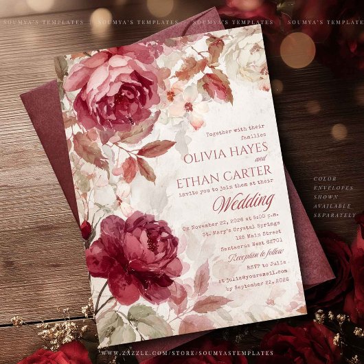 Burgundy Red Roses Floral Vintage Wedding 招待状