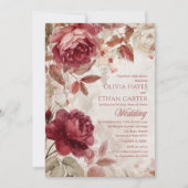 Burgundy Red Roses Floral Vintage Wedding 招待状 (正面)