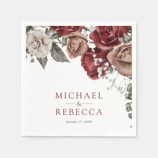 Burgundy Red Roses Floral Wedding スタンダードカクテルナプキン (正面)