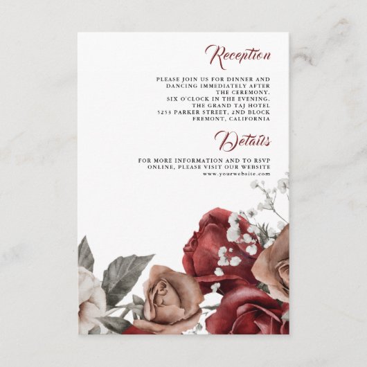 Burgundy Red Roses Floral Wedding Details エンクロージャーカード (正面)