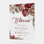 Burgundy Red Roses Floral Wedding Welcome アクリルサイン (傾斜)