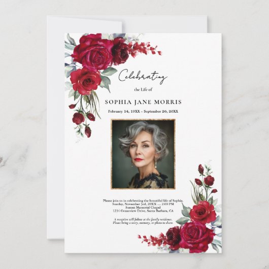 Burgundy Red Roses Funeral Invitation 招待状 (正面)
