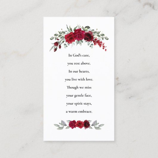 Burgundy Red Roses Funeral Prayer Card 名刺 (裏面)