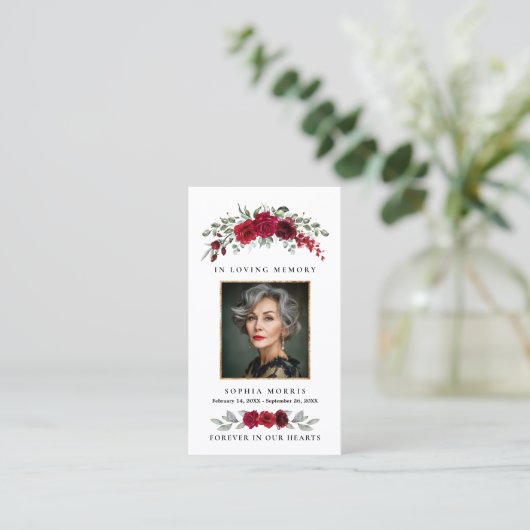 Burgundy Red Roses Funeral Prayer Card 名刺 (スタンド正面)