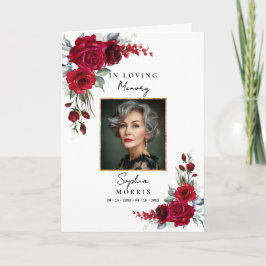 Burgundy Red Roses Photo Memorial Funeral Program カード
