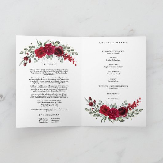 Burgundy Red Roses Photo Memorial Funeral Program カード (内部)