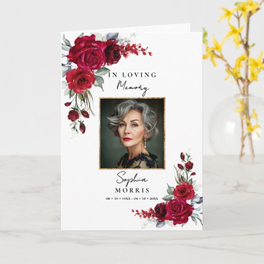 Burgundy Red Roses Photo Memorial Funeral Program カード (黄色い花)