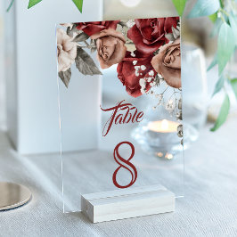 Burgundy Red Roses Wedding Acrylic Table Number アクリル招待状