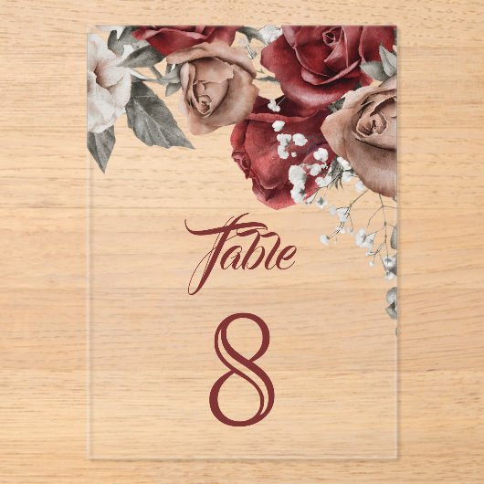 Burgundy Red Roses Wedding Acrylic Table Number アクリル招待状 (正面)