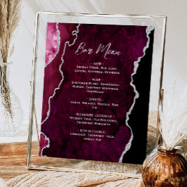 Burgundy Red Silver Agate Script Wedding Bar Menu ポスター