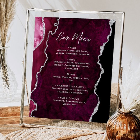 Burgundy Red Silver Agate Script Wedding Bar Menu  ポスター