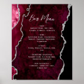 Burgundy Red Silver Agate Script Wedding Bar Menu  ポスター (正面)