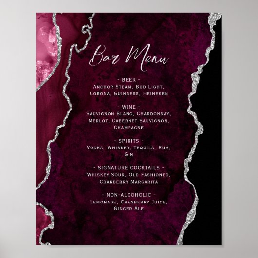 Burgundy Red Silver Agate Script Wedding Bar Menu  ポスター (正面)