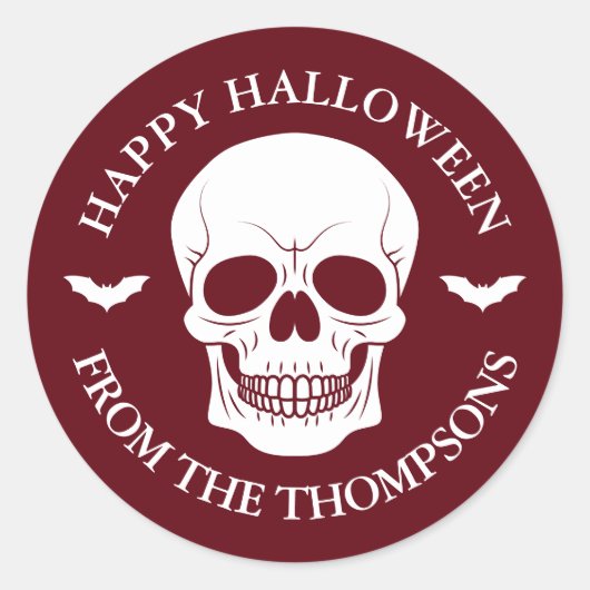 Burgundy Red Skull And Bats With Text Halloween ラウンドシール (正面)