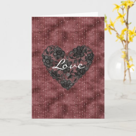 Burgundy Red Stripes Black Faux Lace Floral Heart カード (黄色い花)